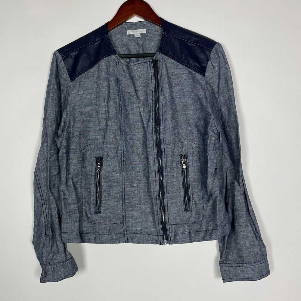 New York &‎ Company Linen Blend Jacket Womens Size L Blue Long Sleeve Cropped
